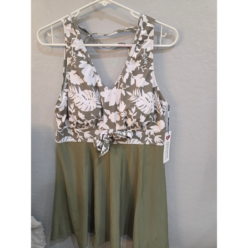 Kate Kasin Womens Floral Swim Dress Olive Green Tropical V-Neck One Piece XL NWT